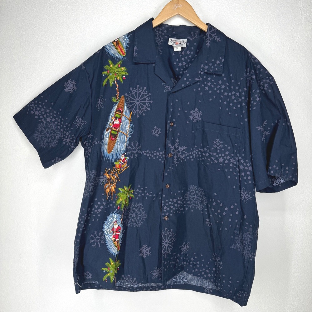 Pacific Legend Men 2XL Hawaiian Shirt Navy Hawaii Surfing Santa Christmas Cotton